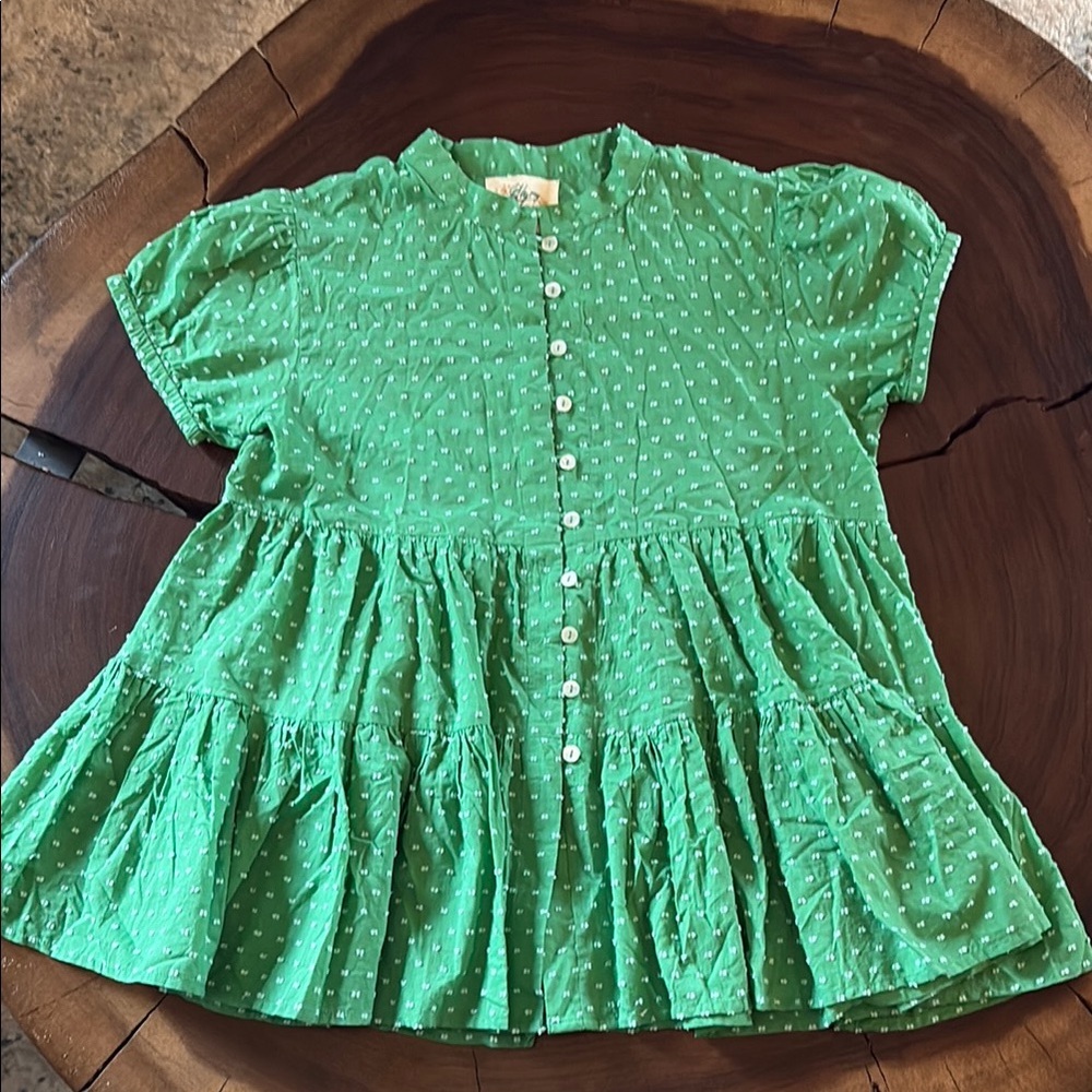 Oh My Stars Green Textured Polka Dot Top/ Size Small